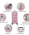 2 In 1 Rolling Makeup Case For Travel And Studio, Aluminum Frame Cosmetic Train Case, lockable latches, 360 degree wheels, pink