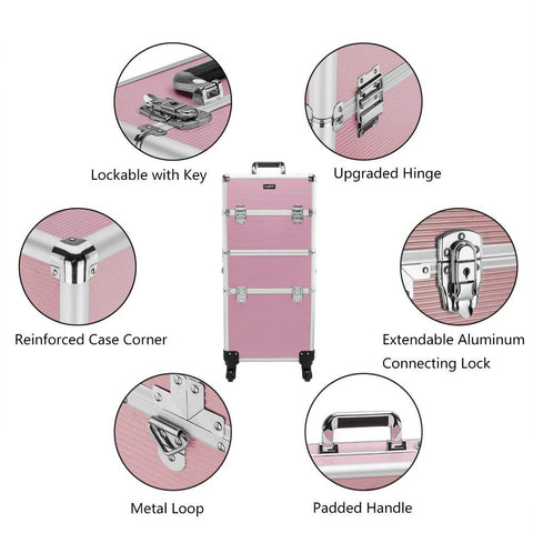 2 In 1 Rolling Makeup Case For Travel And Studio, Aluminum Frame Cosmetic Train Case, lockable latches, 360 degree wheels, pink