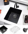 17 Inch Black Bar Sink Undermount With Bottom Grid Premium Quartz Composite Deep Single Bowl Wet Bar Sink For Small Kitchens And RVs shown installed with accessories.
