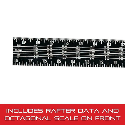 Close-up of Pro Grade L Shaped Rafter Square with octagonal scale in tempered steel, highlight on 24 inch length markings.