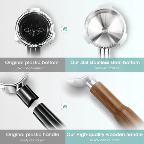 Comparison of original plastic and 304 stainless steel bottom, plastic and rosewood handle on 51mm Portafilter With Two Spouts For Gevi Casabrews CM5418 3700 Series And Mr Coffee Espresso And Cappuccino Machines, 3 Ears At 3.88 To 4mm Thickness With Rosewood Handle, Fits 51mm Group Heads