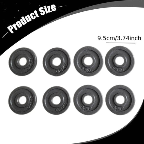 Eight Piece Cast Iron Weight Plates For Barbells 9.5 Cm Diameter 26 Mm Center Hole 8 Plate Set layout on white background