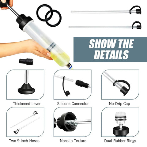 Driveway Ready Manual Oil Extraction Pump For Cars 200Cc Vacuum Fluid Siphon Tool with thickened lever and silicone connector.