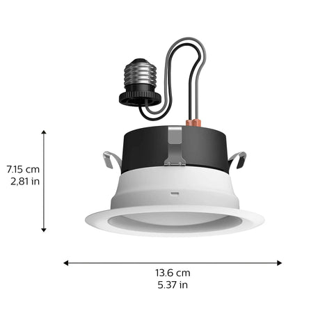Smart 4 Inch Recessed Downlight With Color Ambiance And White Finish 850 Lumen LED App Controlled, dimensions shown