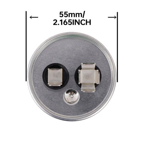 Top view of 70uF Run Start Capacitor For AC Motors And Fans 370 To 450V Round CBB65 Style with dimensions 55mm diameter