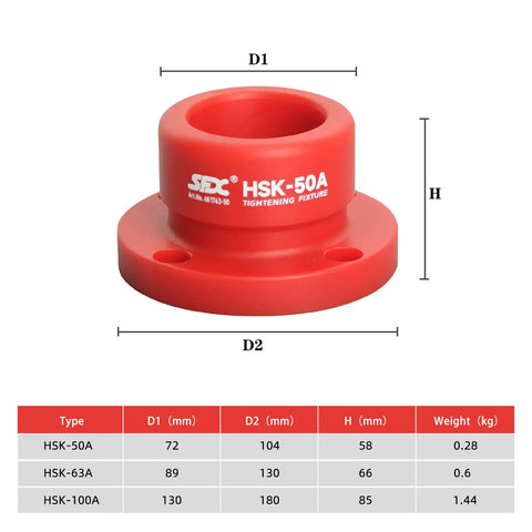 HSK50A Tool Holder Tightening Fixture For Universal CNC Equipment with size chart and measurements shown.