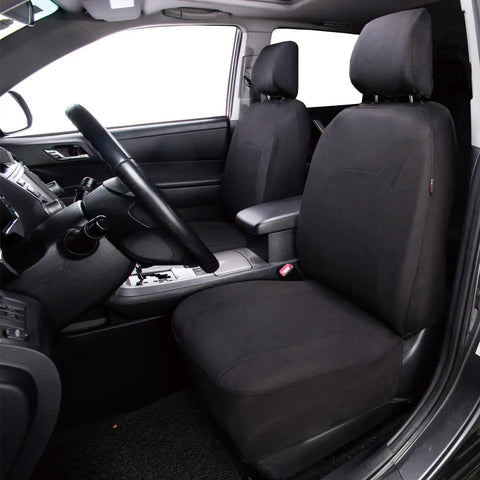 Easy Install Car Seat Covers For Front Seats And Rear Bench, Universal Fit, Airbag Compatible, shown on front seats in black.