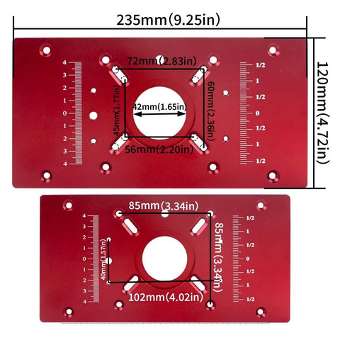 Hassle Free Router Lift System With 65 Mm Universal Table Insert Plate showing precise measurements and dimensions for accurate use.