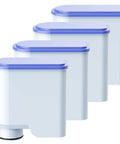 Front view of four white plastic kitchen storage canisters with blue lids.