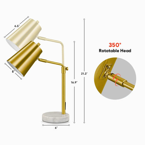 Gold Desk Lamp With LED Bulb Adjustable Brass Finish Metal Table Lamp With Marble Base Mid Century Modern Reading Lamp For Office And Bedroom 350 Degree Rotating Head Industrial Task Light