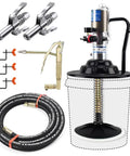 Air Operated 60 To 1 Grease Pump With Dual Grease Gun Couplers For 5 Gallon Buckets, 13 Ft High Pressure Hose, Drum Cover