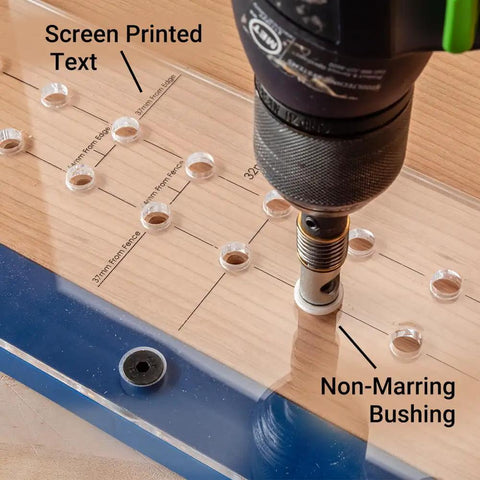 Shelf Pin Drilling Jig For Cabinets And Woodworking With 1/4 Inch And 5mm Self Centering Bits, Drill Guide in use on wood