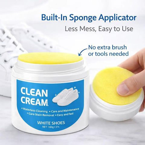 White Shoe Cleaner Cream With Built In Sponge For Quick Touch Ups, jar and sponge, multipurpose cleaner for sneakers, 1 pack.