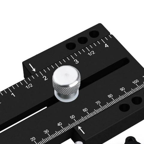Close-up of Extended Thin Ripping Jig For Woodworking, Aluminum Alloy Guide Jig For Table Saw, Router, And Band Saw with scale.