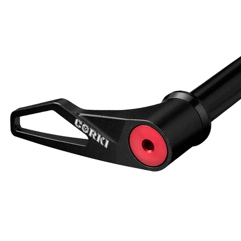 Close-up of Thread Pitch 1.75mm 12mm Through Axle Adapter For Boost Forks Fits 122mm 166mm 171mm 175mm 180mm And 192mm MTB Gravel Road Front And Rear Wheels Upgrade in black with red accents.