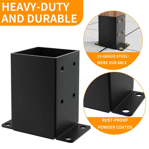 4x4 Post Base Set For Wood Posts 3.5x3.5 Inch Inner Size Rust Proof Heavy Duty Metal Black Powder Coated Railing Brackets For Decks And Pergolas Fence Post Anchor Includes Screws, showing heavy-duty and durable design with rust-proof powder coating.