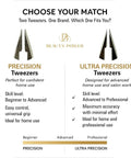 Comparison of two types of tweezers: Precision for home use, Ultra Precision for salon work, by Beauty Power brand.