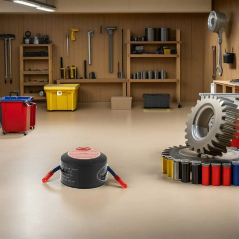 Automatic Aerosol Fire Extinguisher For Vehicle Engines And Auto Spaces in a garage setting, compact black cylinder with red handles.