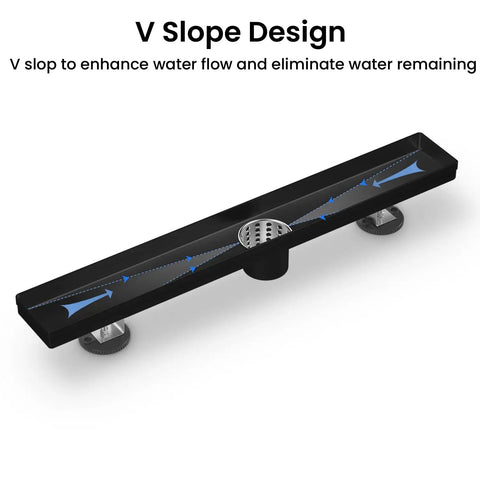 Matte Black 24 Inch Linear Shower Floor Drain With Dual Tile Insert Cover For Seamless Install Reversible 2-In-1 Design Fast Water Flow 304 Stainless Steel CUPC Certified Slick Bathroom Upgrade showing V slope design for water flow.