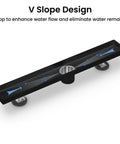 36 Inch Matte Black Linear Shower Drain With Reversible Flat And Tile Insert Cover showing V slope design for water flow