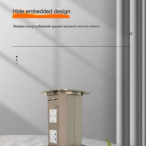Top Shelf Smooth Pop Up Power Strip For Kitchen Island And Home Office Desk, Heavy Duty Hidden Surge Protector With Overvoltage Safety, Brushed Silver Metal Socket Setup That Slaps in embedded design.