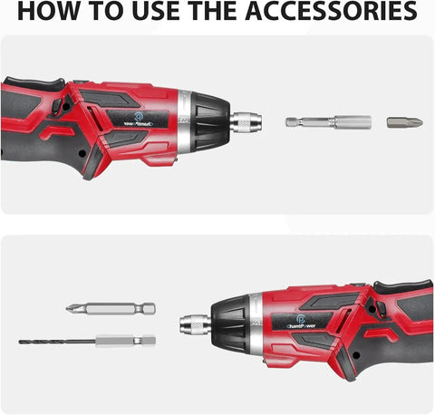 Handy Rechargeable Cordless Electric Screwdriver Set With Six Plus One Torque Gears And Quarter Inch Self Lock Chuck accessories guide