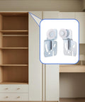 Sliding Closet Door Roller Kit For 3/4 To 1-3/8 Inch Thick Doors With Scroll Wheel Tracks And Screws in a wardrobe setting