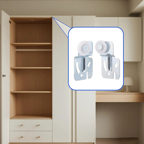 Sliding Closet Door Roller Kit For 3/4 To 1-3/8 Inch Thick Doors With Scroll Wheel Tracks And Screws in a wardrobe setting