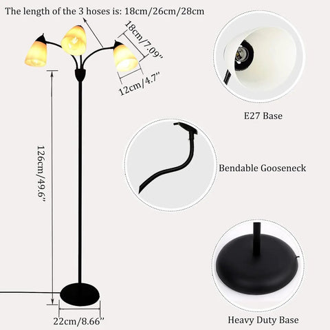 Three Light Black Reading Floor Lamp with Adjustable Heads, 66 Inch Tall Standing Tree Lamp for Your Bedroom, Study or Office Space