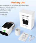 Portable Bluetooth Thermal Label Printer With Included Tape Inkless Sticker Maker For Home Organization And Small Business slaps labels on a desk with accessories.