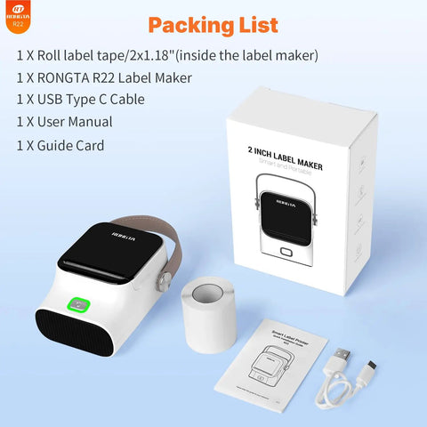 Portable Bluetooth Thermal Label Printer With Included Tape Inkless Sticker Maker For Home Organization And Small Business slaps labels on a desk with accessories.