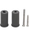 Two gray 48mm ribbed roller wheels with central bore and two mounting screws