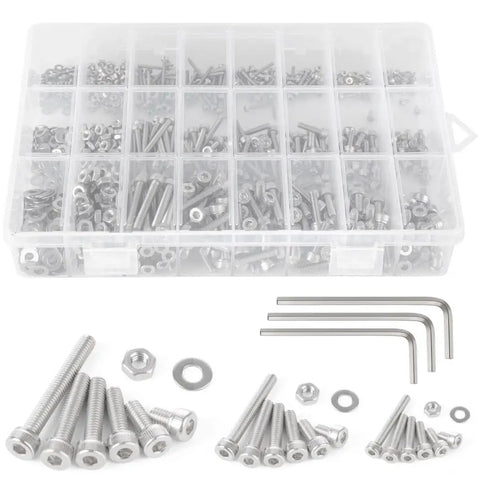 All In One Hex Screws Nuts Washers Kit 1080 Piece Set M2 M3 M4 Stainless Steel With 3 Wrenches For Home Repairs Woodworking And DIY Projects Great For Home Maintenance And Quick Fixes, organized in storage box