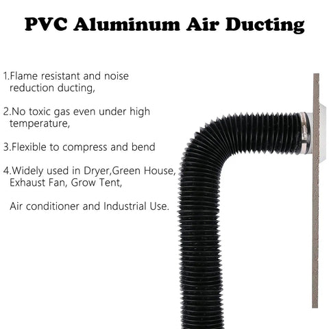 4 Inch Flexible Aluminum Air Ducting For HVAC Ventilation, 5 Feet Long, Black Vent Hose With 2 Clamps, Fire Resistant