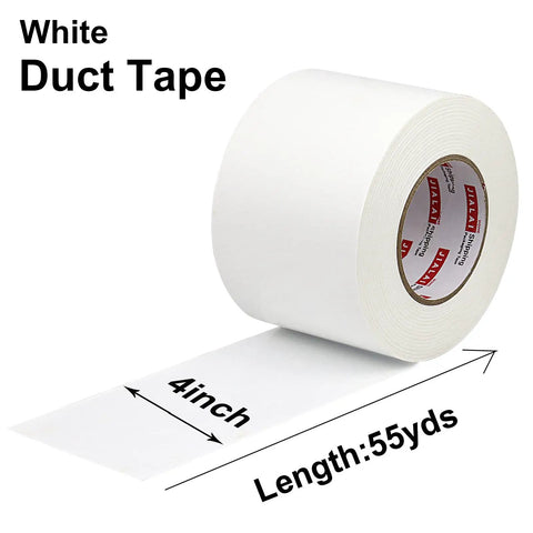White Duct Tape 4 Inch Wide Industrial Grade 9 Mil Heavy Duty Tape 55 Yards Long Waterproof on roll with dimensions and label visible