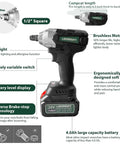 Diagram of 20V Brushless Cordless Impact Wrench And Driver Kit With 300 Foot Pounds Torque, ergonomic design, LED light, battery details
