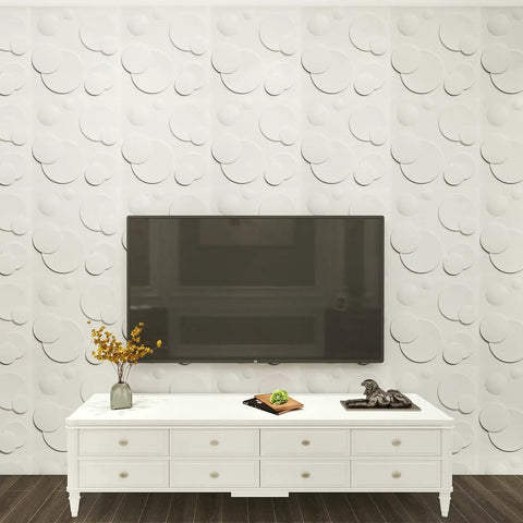 Bubble Texture 3D PVC Wall Panels 12 Pack For Interior Decor Covers 32 Square Feet 19.7 Inches By 19.7 Inches behind TV stand