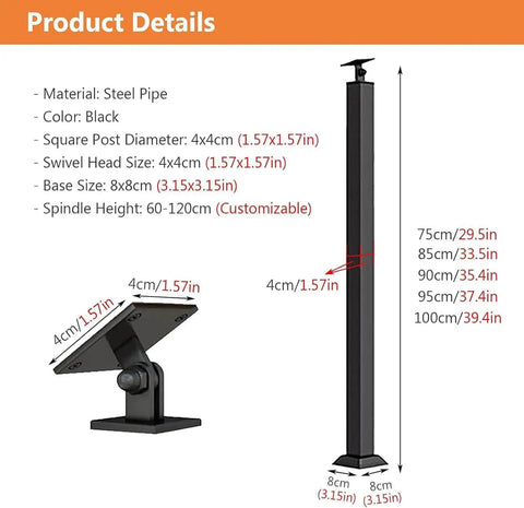 Heavy Duty Stair Railing Kit Featuring Rock Solid Wrought Iron Balusters With Fully Adjustable Spindles For Porch Deck And Staircase Setup No Fuss Quick Install Black product details with dimensions and material.