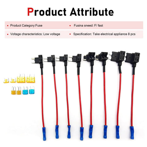 Pro Grade 8 Pack Car Fuse Taps Add A Circuit Dual Slot Adapter Kit with red wires and fuse holders for dash cam wiring.