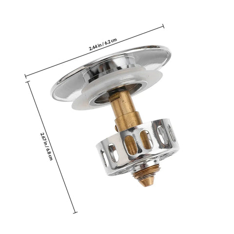 Brass Bathtub Drain Plug Replacement with Push Button Flat Seal, showing chrome and brass components, dimensions 2.44 in x 2.67 in.