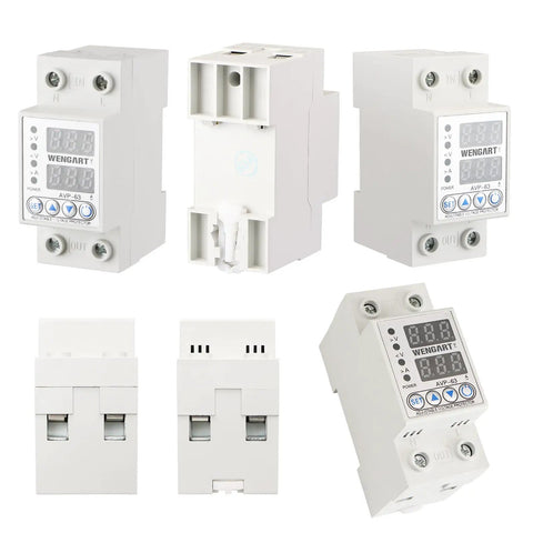 Heavy Duty Adjustable Digital Voltage Protector For AC 120v Single Phase Circuits With Over Under Relay 63a Knockout Current Shield And Dual Led Monitor Quick Snap Din Rail Mount showcased from multiple angles.