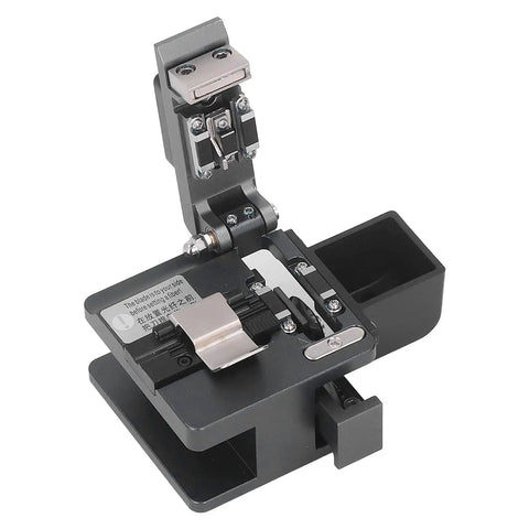 Pro Optical Fiber Cleaver Machine with Tungsten Steel Blade For Precision 90 Degree Cuts Bare Fiber And Leather Cable Auto Return Clamp Includes Waste Bin, showcasing a compact design.