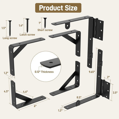 Anti Sag Gate Kit Two Pack Heavy Duty Fence Gate Hardware For Sag Free Smooth Open And Close Provides Strong Post Support And Easy Installation For Durable Gates. Product size diagram, black steel brackets and screws, 0.12 in thickness