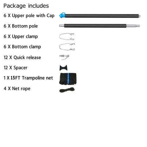 Rock Solid Heavy Duty 15 Ft Trampoline Safety Net Quick Setup With Universal Replacement Enclosure Poles and accessories for setup.