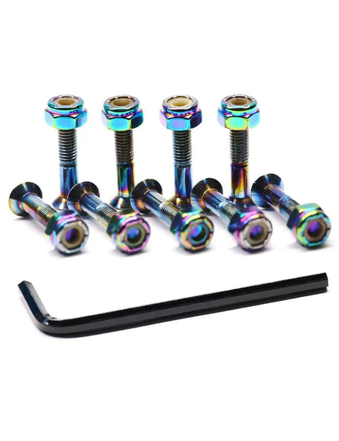 Nine Piece Skateboard Hardware Set With Colorful Bolts And Nuts Plus Free Hex Key Durable Longboard Deck Mounting Screws For 1 1/4 Inch, 1 Inch And 7/8 Inch Trucks Anti Lost And Easy To Carry
