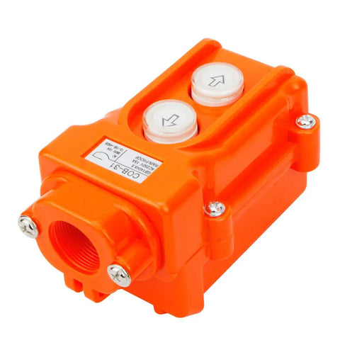 Up Down Momentary Hoist Pushbutton Switch CoB31 AC250V 15A AC380V 10A Heavy Duty Crane Control Button with push buttons and orange housing.