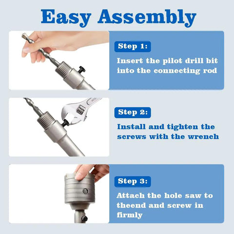Rock Solid 9 Piece Masonry Hole Saw Kit With Tungsten Carbide Inserts For Concrete Brick And Tile SDS Plus Shank Heavy Duty Core Bits To Drill Smooth Holes Quick, easy assembly steps