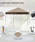 14x14 Pop Up Gazebo With Center Lock Six Sided Design Easy Setup No Tools Needed Portable Canopy Tent UV Resistant 300D Silver Coated Fabric For Patio And Outdoor Activities Beige And Coffee shown with features like center lock and adjustable legs.