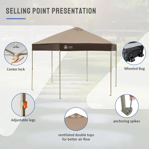 14x14 Pop Up Gazebo With Center Lock Six Sided Design Easy Setup No Tools Needed Portable Canopy Tent UV Resistant 300D Silver Coated Fabric For Patio And Outdoor Activities Beige And Coffee shown with features like center lock and adjustable legs.