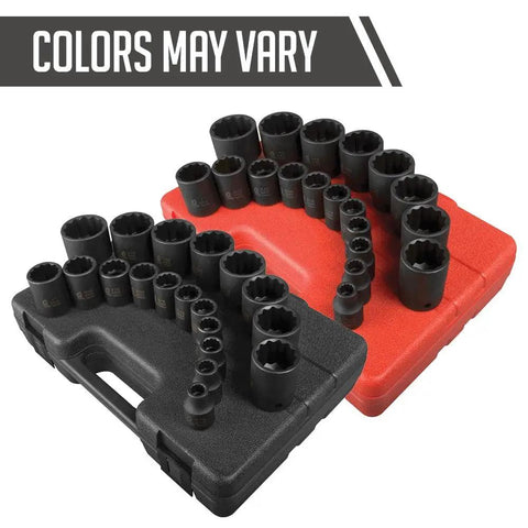 19-Piece 1/2 Inch Drive SAE 12-Point Impact Socket Set With Radius Corner CR-MO Alloy Steel in cases, colors may vary